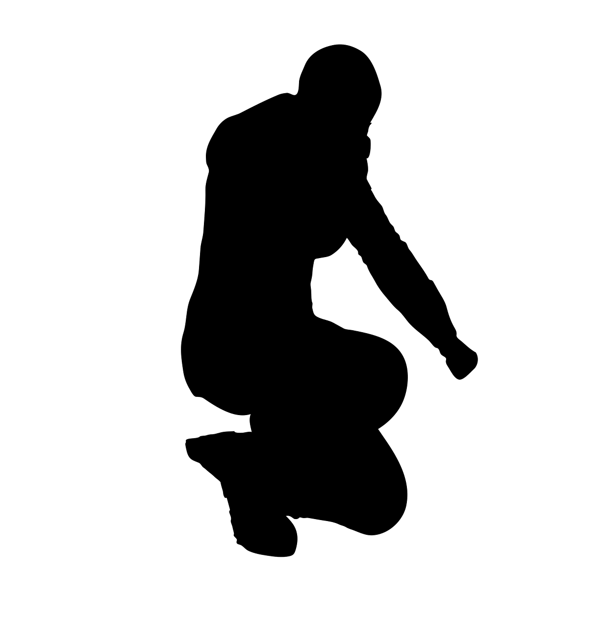 a man flying through the air while riding a skateboard, figuration libre, female cyborg black silhouette, kneeling in prayer, squatting pose, wide high angle view