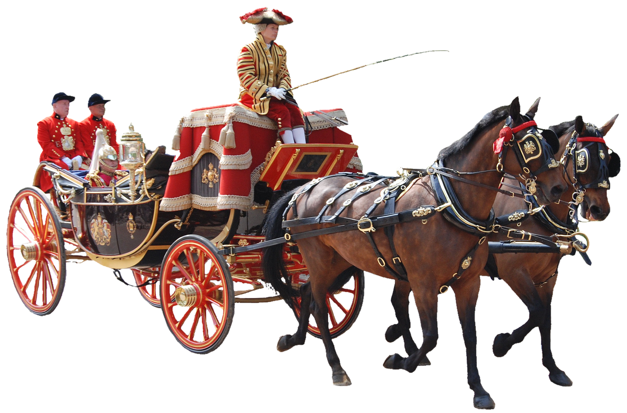 a group of people riding in a horse drawn carriage, a digital rendering, by Robert Brackman, shutterstock, baroque, full dress uniform, queen elizabeth ii, panning shot, ( visually stunning