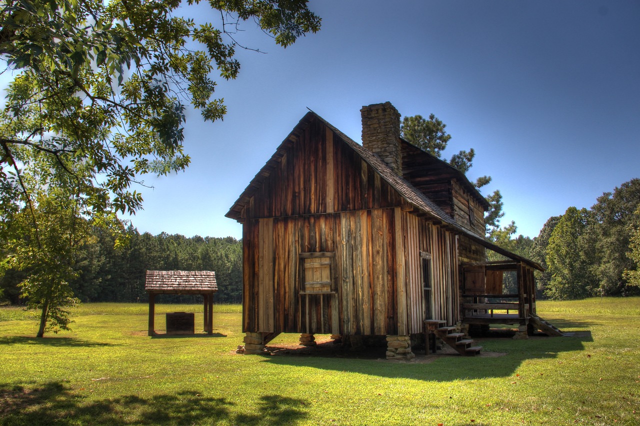 a wooden cabin sitting on top of a lush green field, inspired by Henry Ives Cobb, Jr., flickr, alabama, hdr photo, front and side view, wide angle”