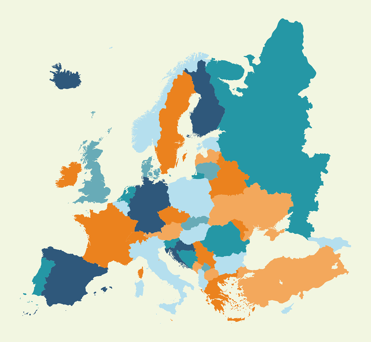 a map of europe with orange, blue, and green colors, regionalism, flat color, retro effect, highly detailed map, register