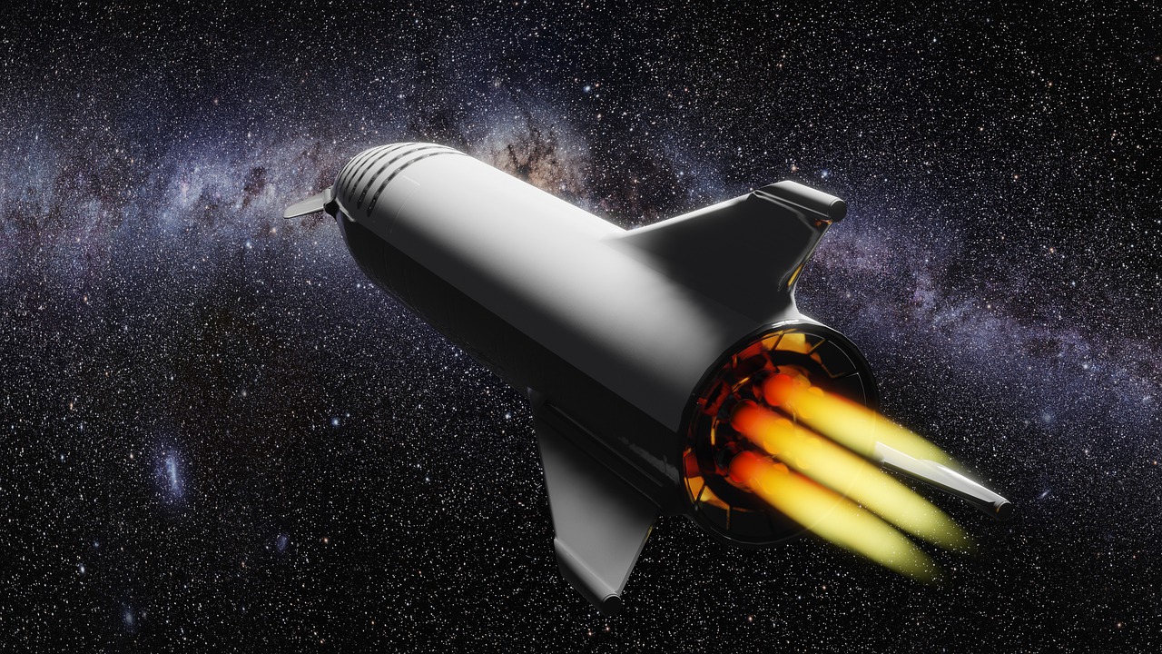 a space shuttle flying through the night sky, concept art, shutterstock, rocket launcher, inside of a black hole, titanium, close-up shot