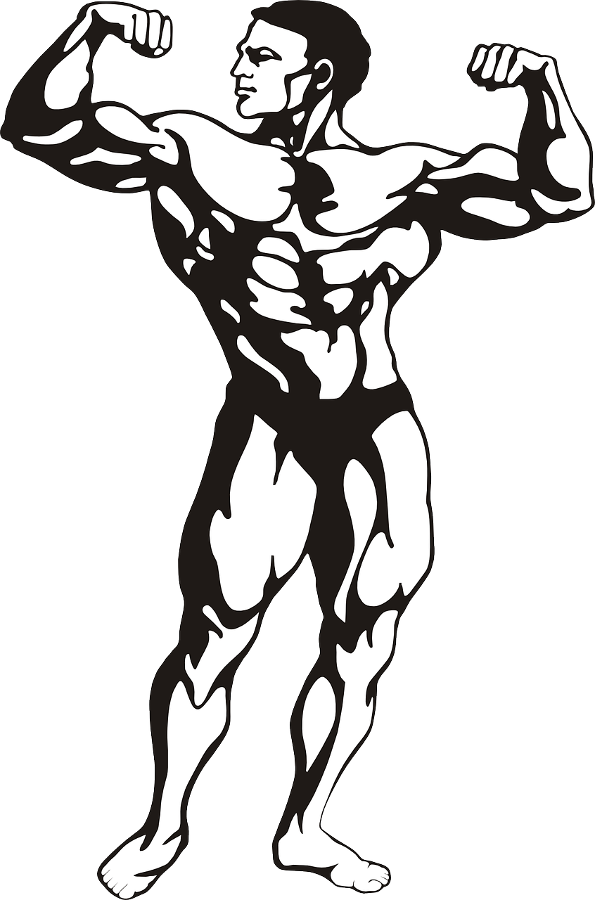 a black and white image of a man flexing his muscles, lineart, pixabay, art deco, logo without text, ifbb fitness body, full body; front view, no gradients