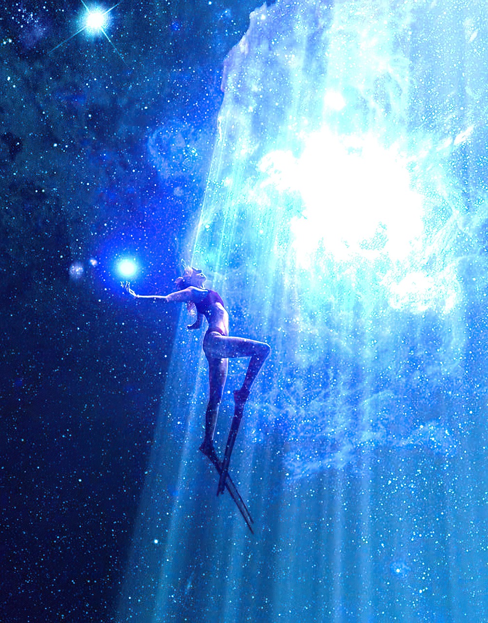 a woman flying through the air next to a star filled sky, by Kurt Roesch, light and space, under water swimming, maya ali as a cyber sorceress, nebulae. volumetric lighting, bursting with blue light