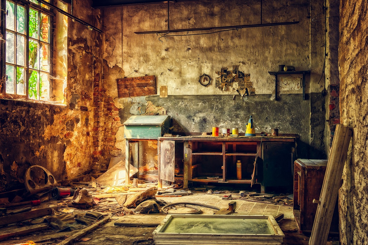 a kitchen filled with lots of junk next to a window, shutterstock, renaissance, abandoned ruins, under repairs, darkroom, crime scene photo