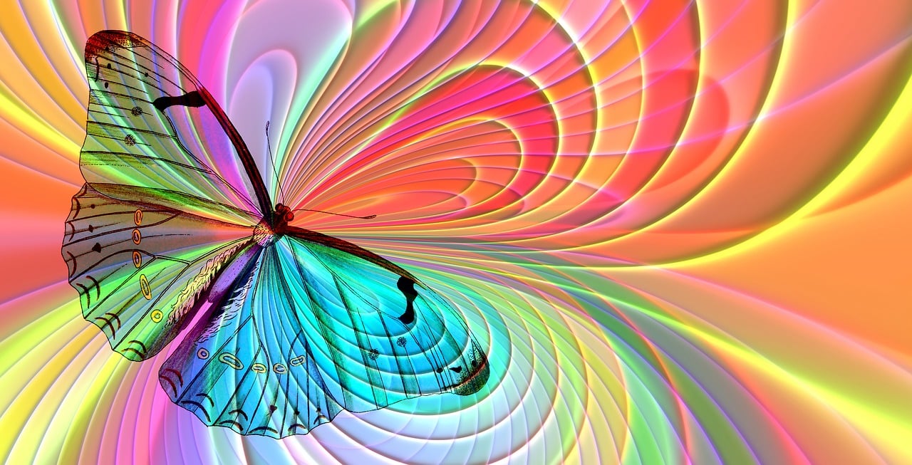 a close up of a butterfly on a colorful background, digital art, inspired by Gabriel Dawe, trending on pixabay, psychedelic art, fractal apophysis, bright soft colors, twirling, spreading her wings