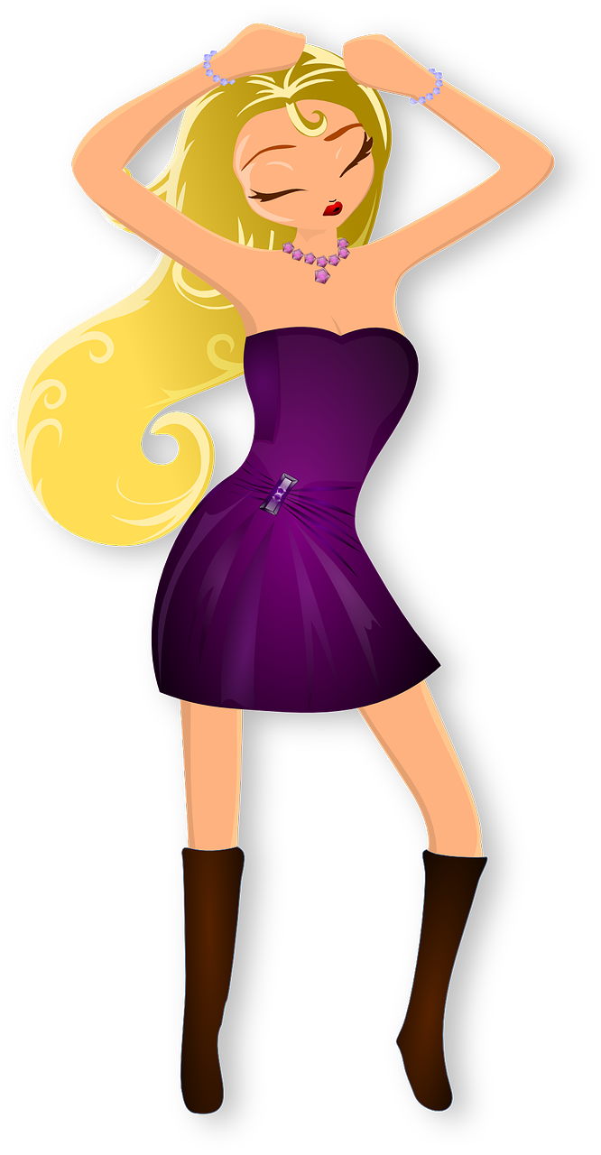 a woman in a purple dress with her hands on her head, a digital rendering, inspired by INO, tumblr, rapunzel, cardboard cutout, disney!!, sleek curves