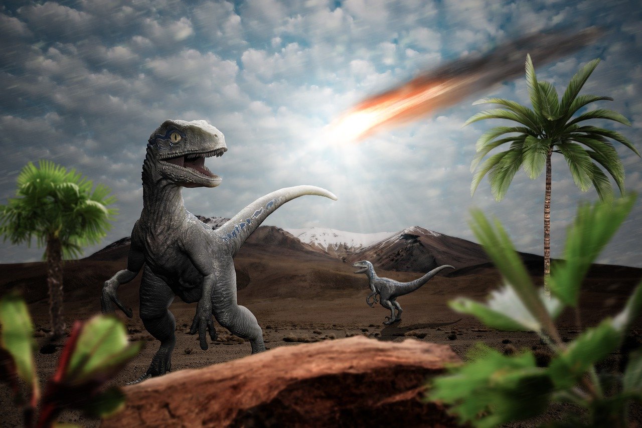 a couple of dinosaurs that are standing in the dirt, shutterstock contest winner, fantastic realism, meteors are falling from the sky, age 2 0, raptor jesus, photograph credit: ap