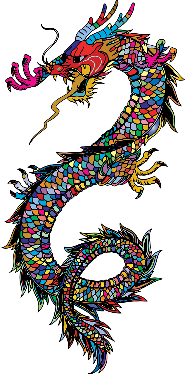 a colorful dragon on a black background, vector art, sōsaku hanga, right side composition, detailed scales, lisa frank & sho murase, beijing