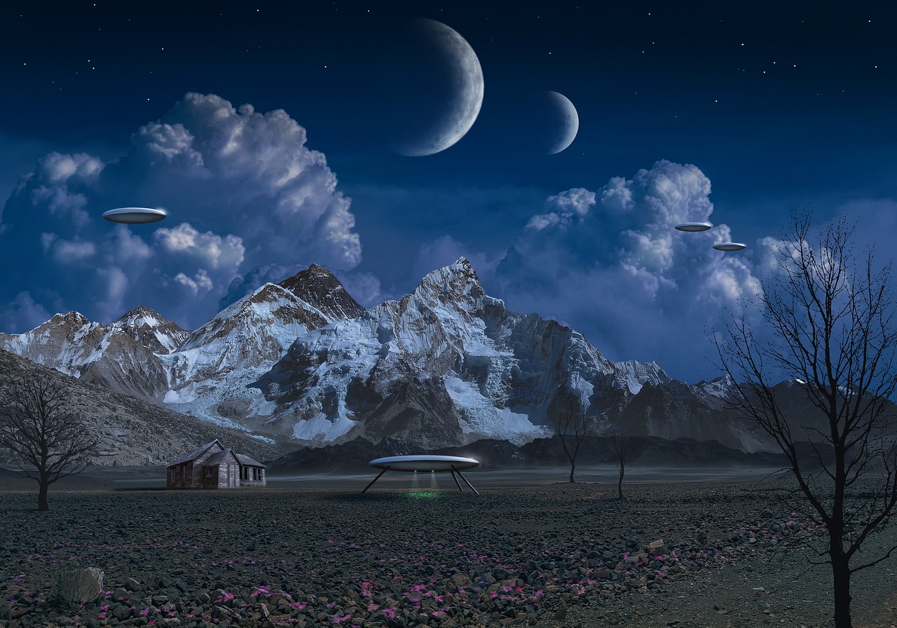a group of spaceships flying over a mountain range, a matte painting, cg society contest winner, surrealism, moon base, flying saucers, scifi farm, two pure moons