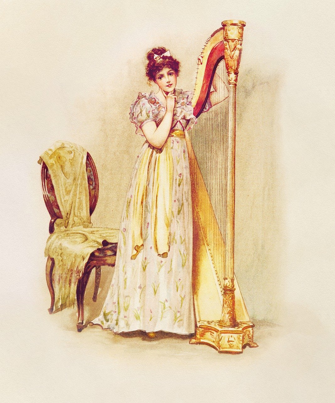 a woman holding a harp standing next to a chair, an illustration of, by Hovsep Pushman, flickr, regency-era, classic children's illustration, violin, eugene de blaas