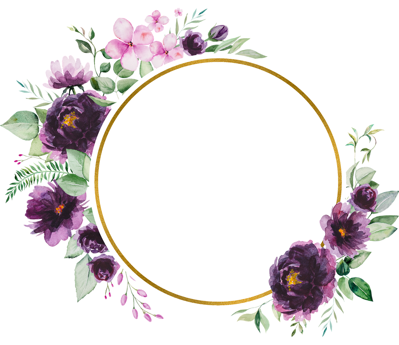 a floral frame with purple flowers on a black background, a picture, inspired by Katsushika Ōi, gold gilded circle halo, background is white, plain background, title