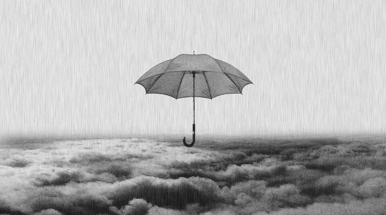 a black and white photo of an umbrella in the clouds, by Lucia Peka, conceptual art, ultra detailed pencil drawing, iphone wallpaper, floating alone, adrian borda