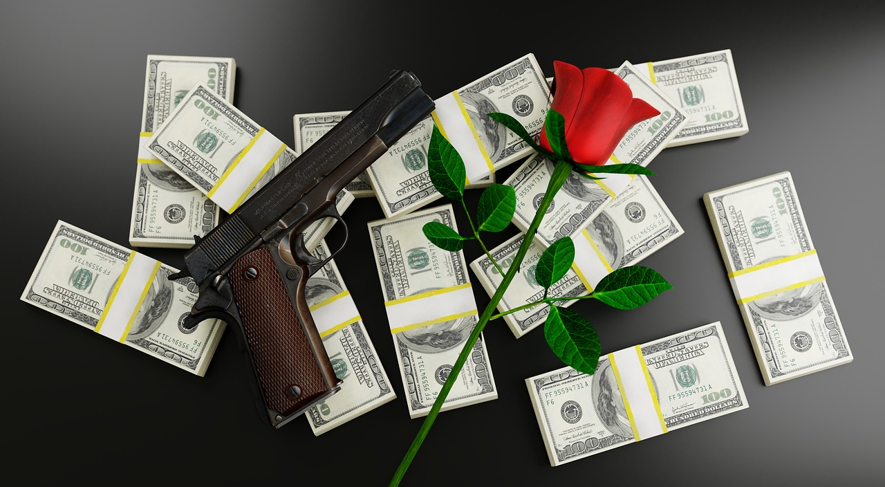 a gun sitting on top of a pile of money, concept art, by Ren Bonian, pixabay, dada, red roses, romantic!!!, hug, in the mood for love