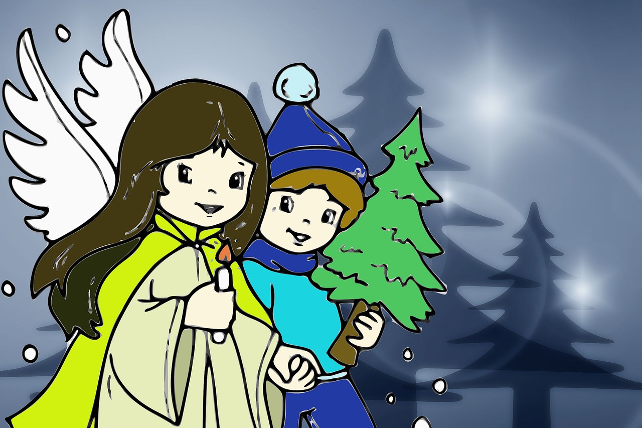 a drawing of an angel holding a christmas tree, a storybook illustration, deviantart contest winner, boy and girl, winter concept art, closeup shot, cartoon style illustration