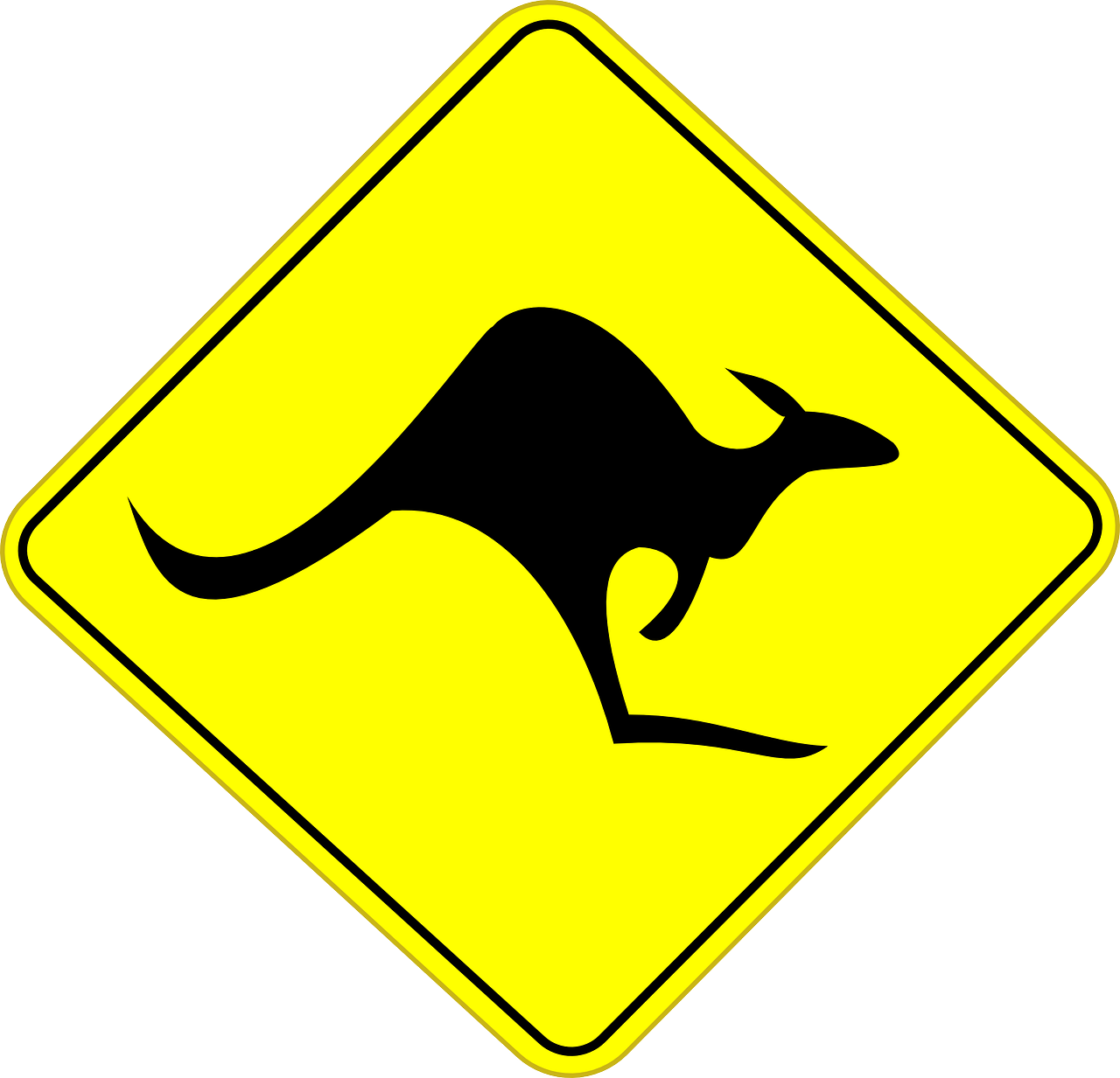 a yellow kangaroo crossing sign on a white background, shutterstock, hurufiyya, in the shape of a rat, artist unknown, gauze, cad