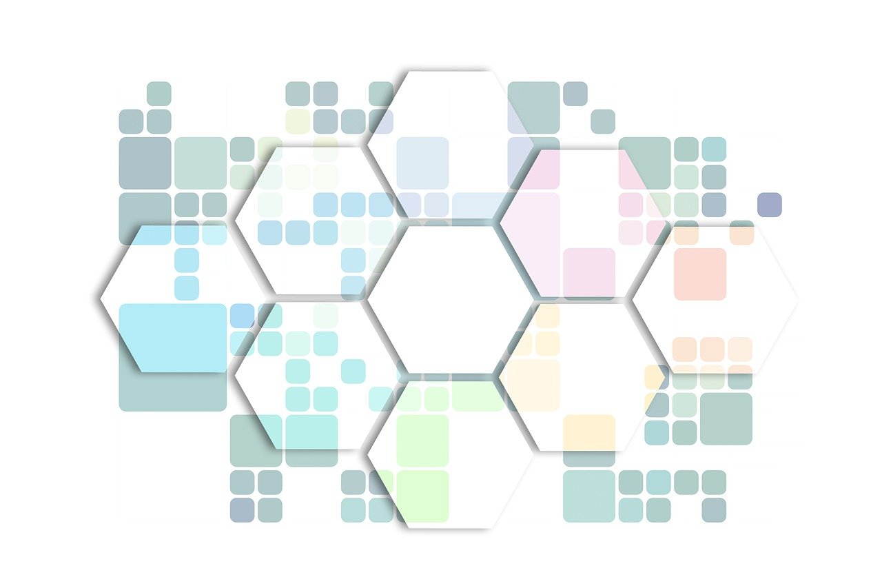 a group of hexagons on a white background, a mosaic, inspired by Buckminster Fuller, trending on pixabay, comic book panels background, holographic interface, squares, simple and clean illustration