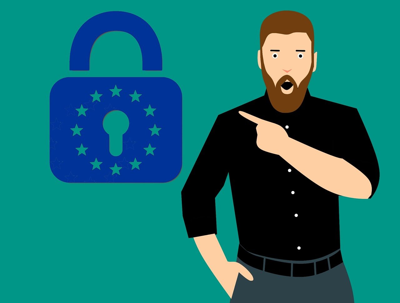 a man pointing at a lock on a green background, a cartoon, pixabay, figuration libre, eu flag, a person standing in front of a, register, european face