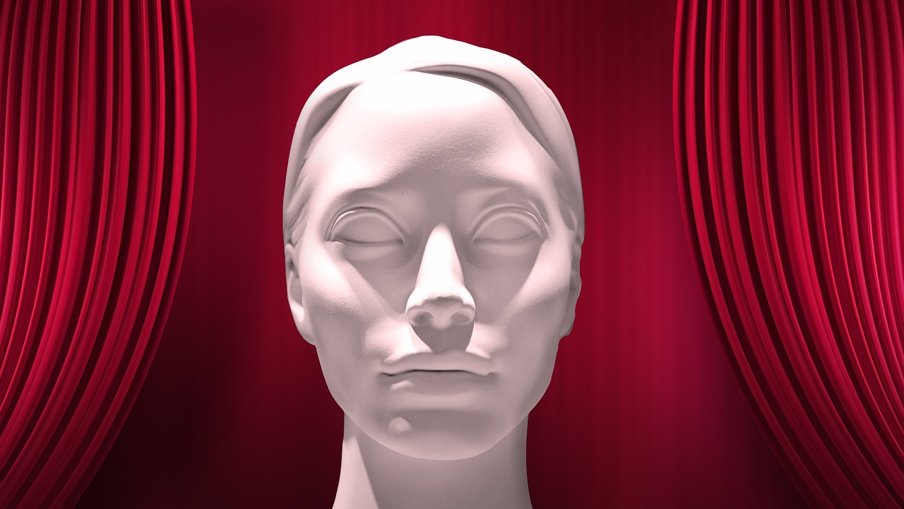 a white mannequin head in front of a red curtain, inspired by Antonio Canova, zbrush central contest winner, digital art, face photo, anthropomorphic female, 3 d raytraced masterpiece, photo-realistic face