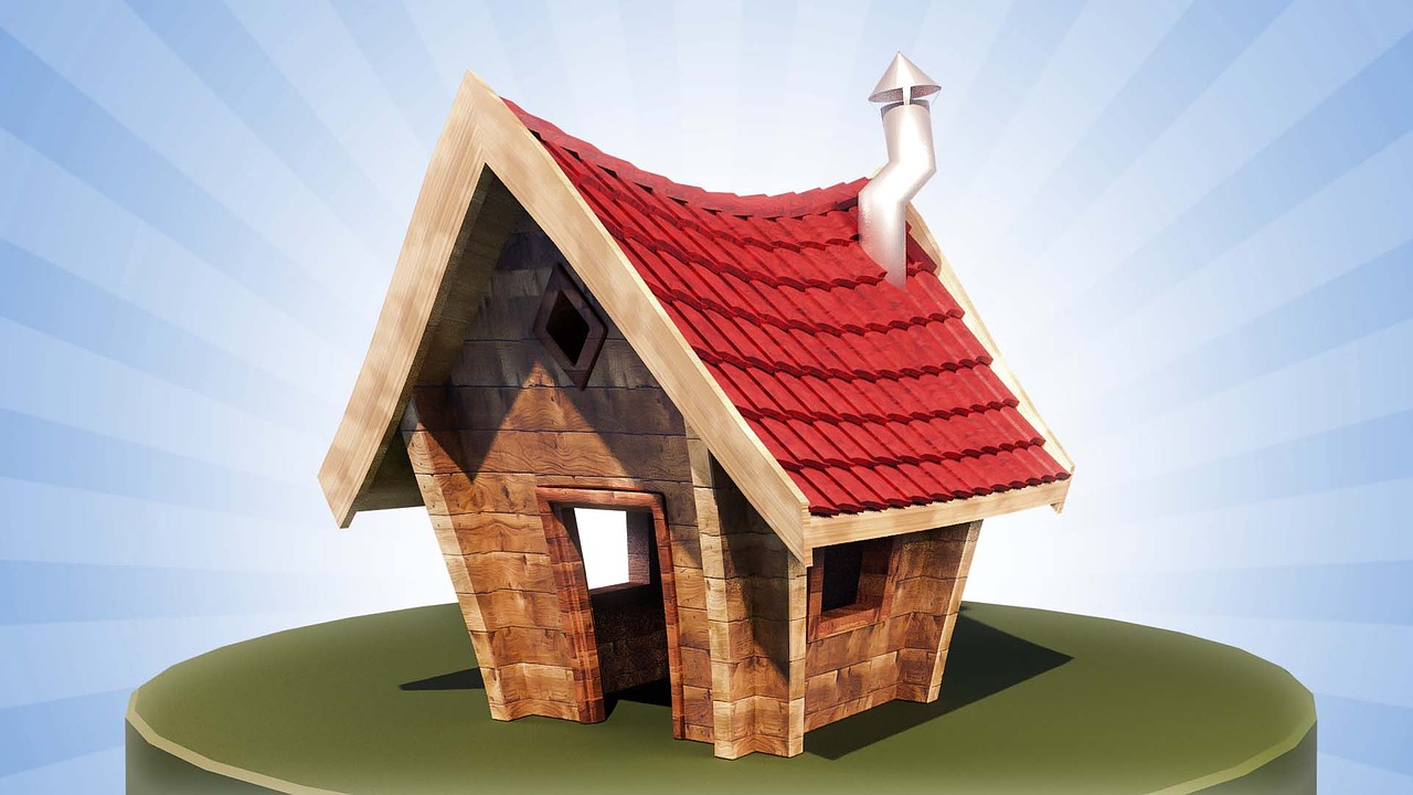 a small wooden house with a red roof, a digital rendering, by senior artist, polycount contest winner, conceptual art, chimney, piggy, post processed, horn