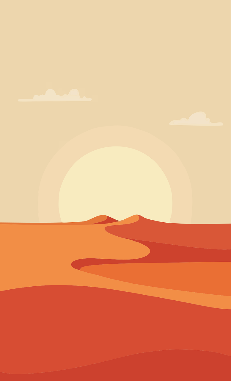 a desert scene with the sun setting in the distance, vector art, art deco, simple 2d flat design, victorian arcs of sand, concept art design illustration, empty space background