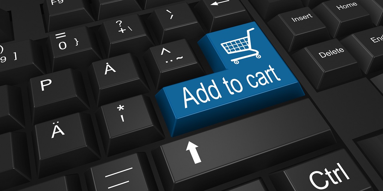 a computer keyboard with a blue add to cart button, a digital rendering, by Tom Carapic, shutterstock, shopping cart icon, view from the bottom, digital advertisements, blue-black