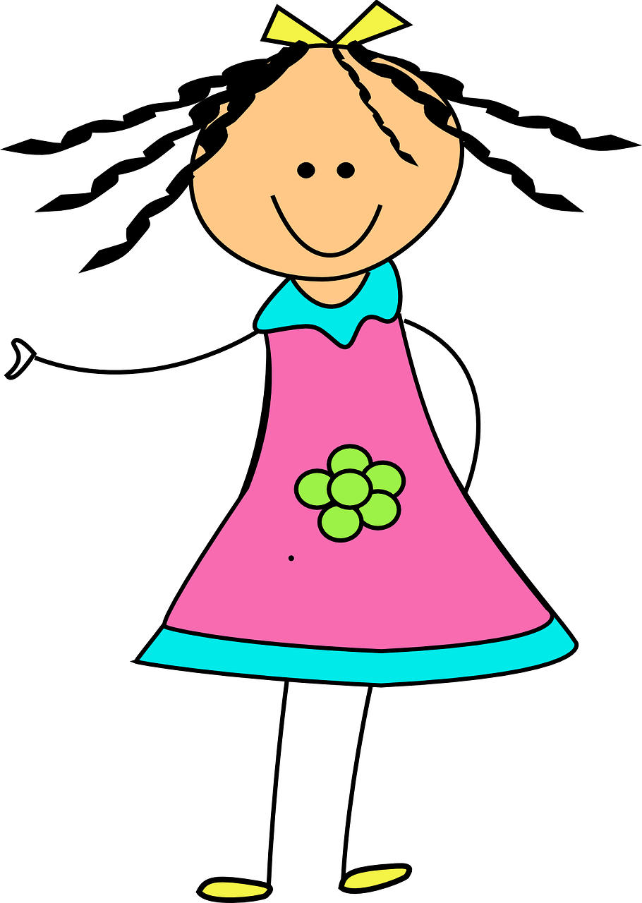 a little girl with a flower in her hand, pixabay, naive art, black and pink dress, on a flat color black background, long dress female, turquoise pink and green