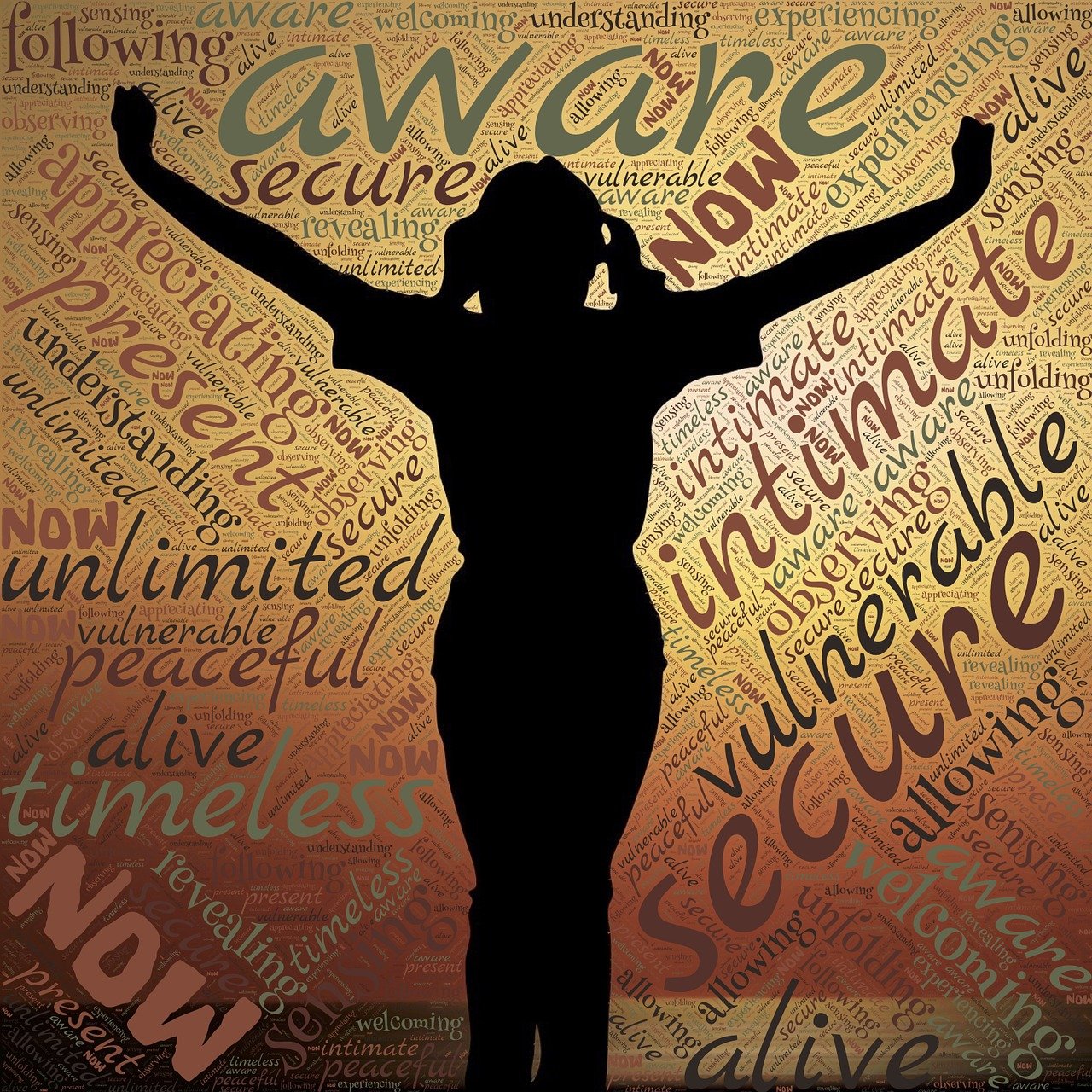 a silhouette of a woman with her arms in the air, by Lynn Pauley, pixabay, conceptual art, words, awareness, wrapped arms, unbeatable quality