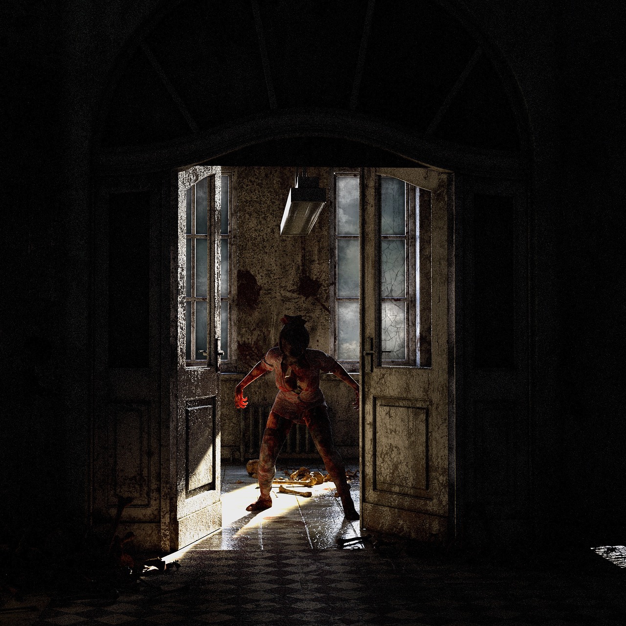 a woman standing in an open door way, concept art, by maxim verehin, conceptual art, award winning horror photography, the last of us”, screaming in desperation, in a old house. hyper realistic