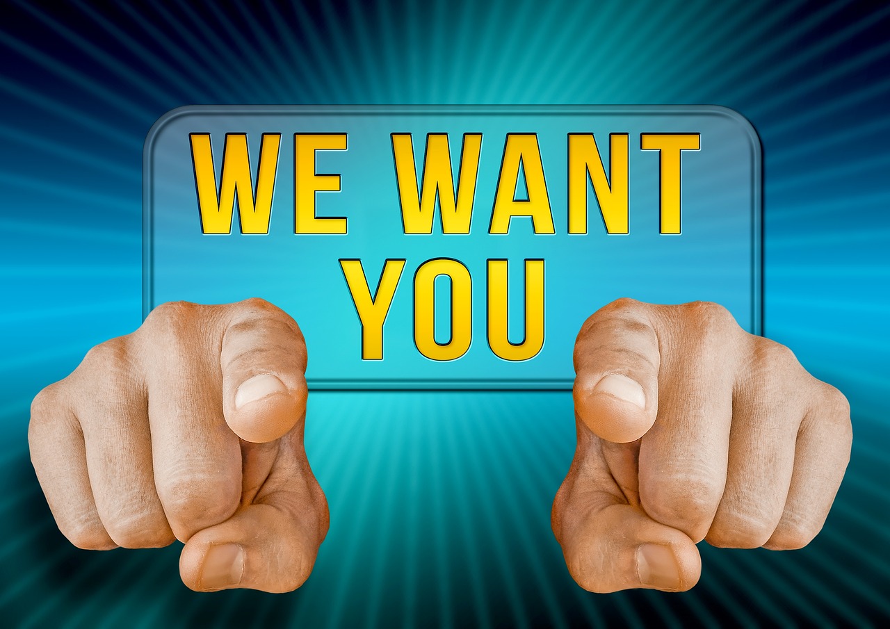 two hands holding a sign that says we want you, by Gwen Barnard, pixabay, conceptual art, !!award-winning!!, koyaanisqatsi, customers, an army recruitment poster