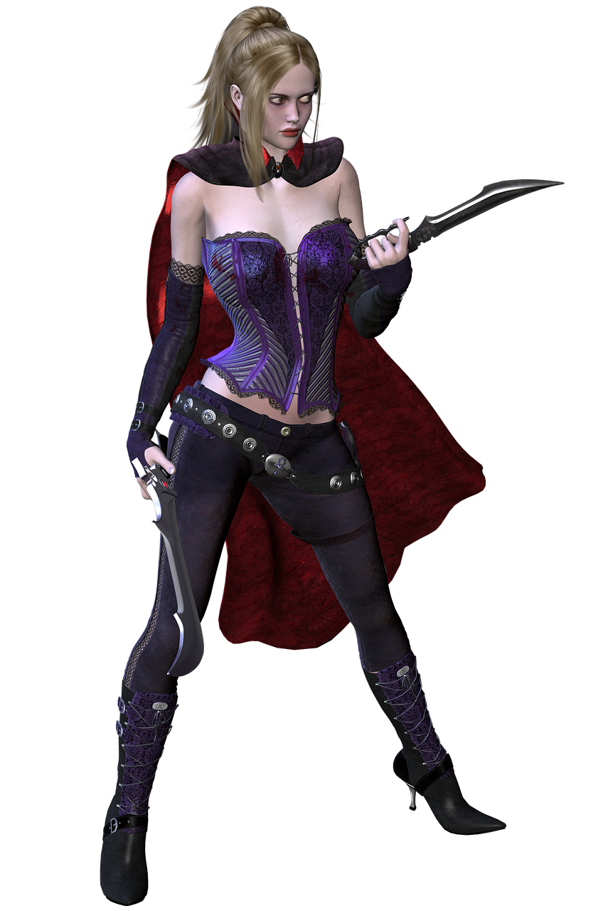a woman in a purple corset holding a sword, trending on cg society, dante from devil may cry 2 0 0 1, ( ( ( ( 3 d render ) ) ) ), thief red riding hood, neo noire