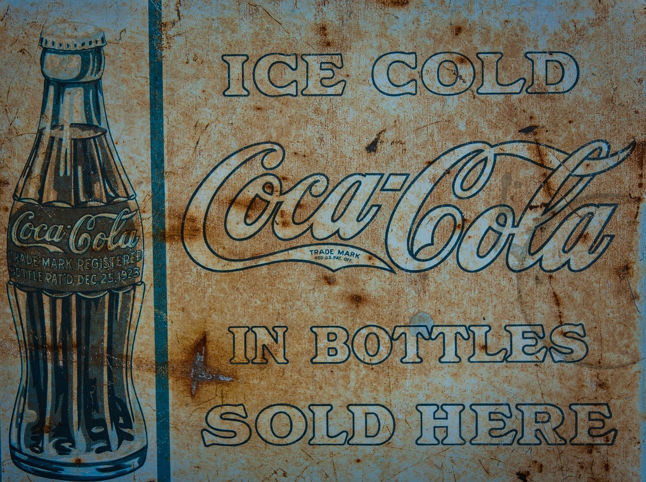 an old coca cola sign on the side of a building, a poster, featured on pixabay, cold texture, penned in cyan ink, 1 9 0 0's photo, sold for