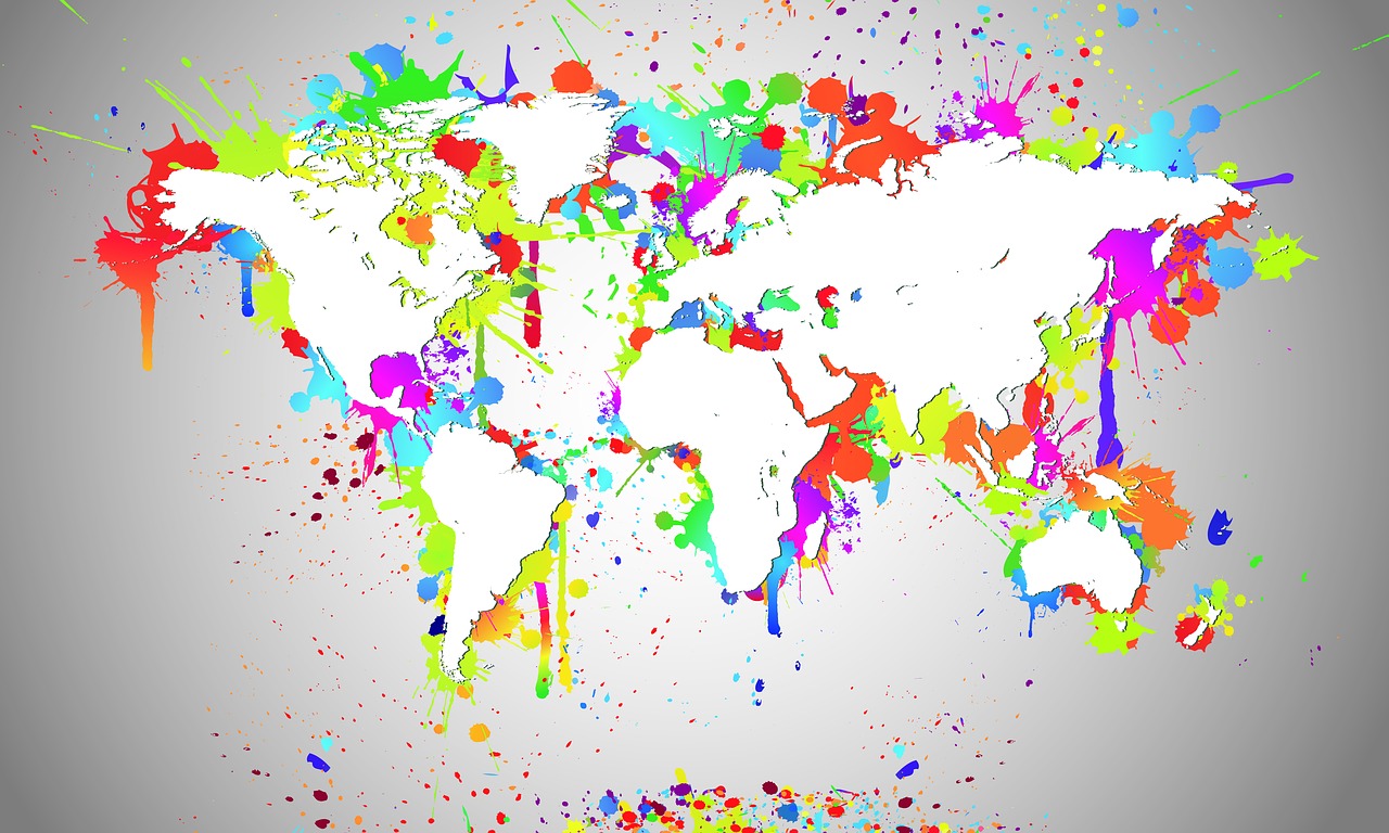 a map of the world covered in paint splatters, vector art, action painting, background image, exquisite art, white, parietal art style