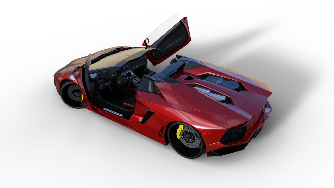 a red sports car with its doors open, polycount contest winner, pink lamborghini aventador, rendered in nvidia's omniverse, vector”, render in re engine