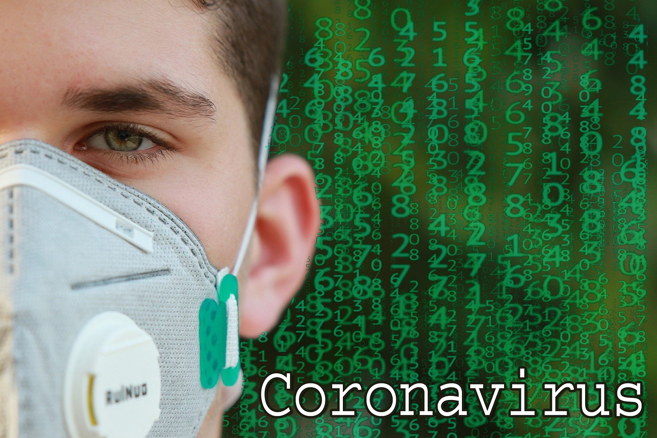 a close up of a person wearing a face mask, an album cover, by Edward Corbett, pixabay, poster of corona virus, green matrix code, coronavirus, header with logo
