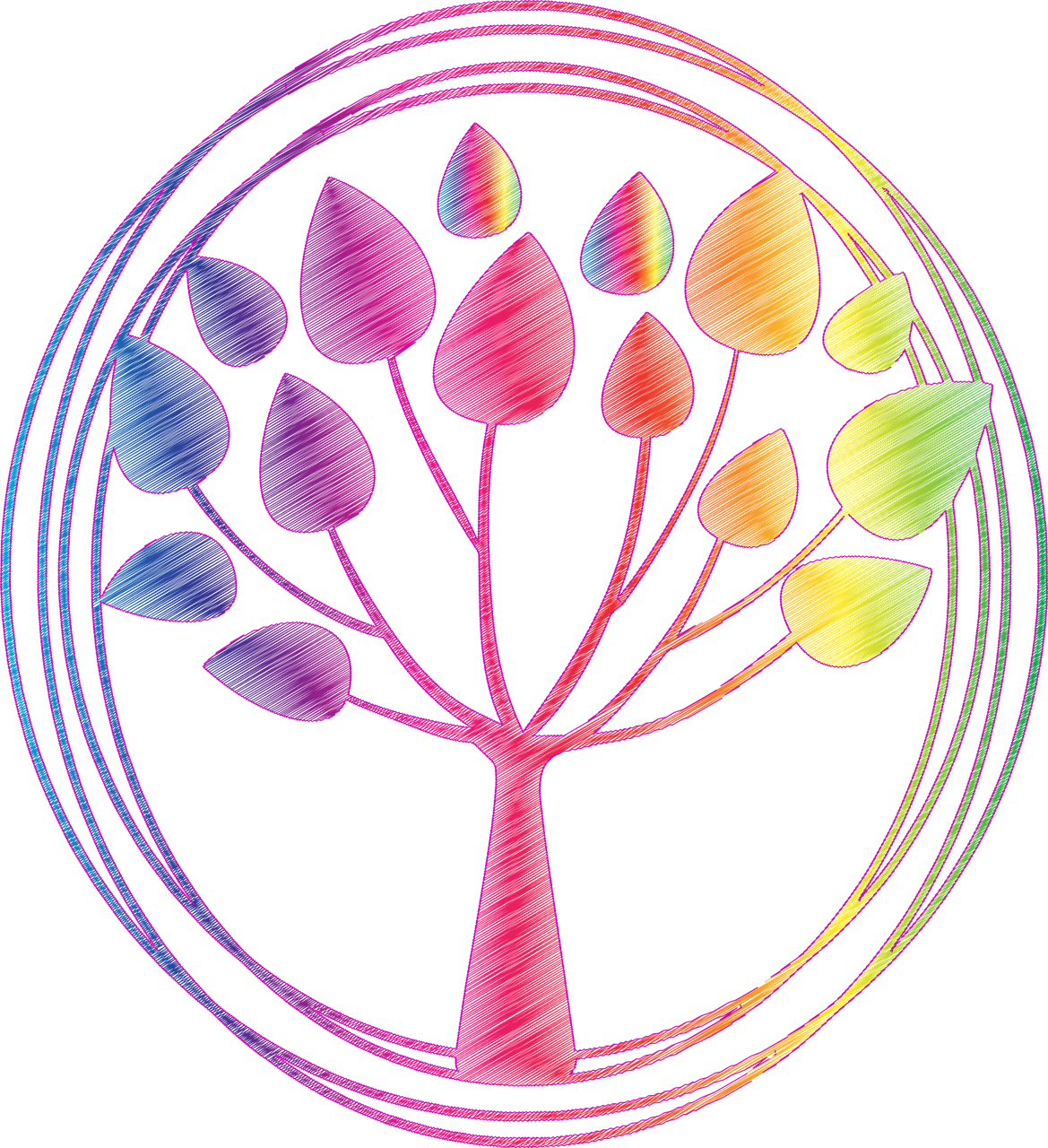 a rainbow colored tree in a circle on a black background, a digital rendering, inspired by Edgar Schofield Baum, avatar for website, jen bartel, plant, holographic design