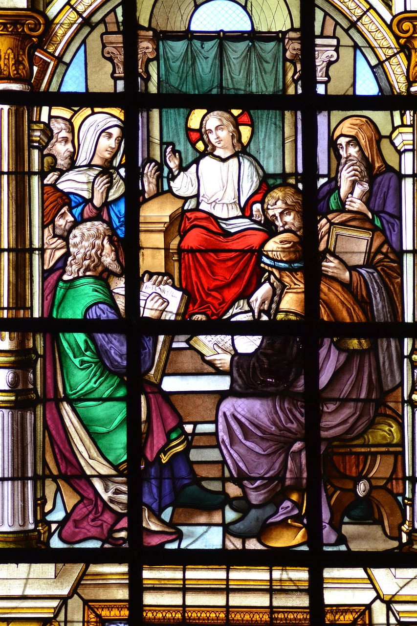 a stained glass window of a group of people, by Emanuel de Witte, pexels, seated in court, look at all that detail!, details and vivid colors, jesus