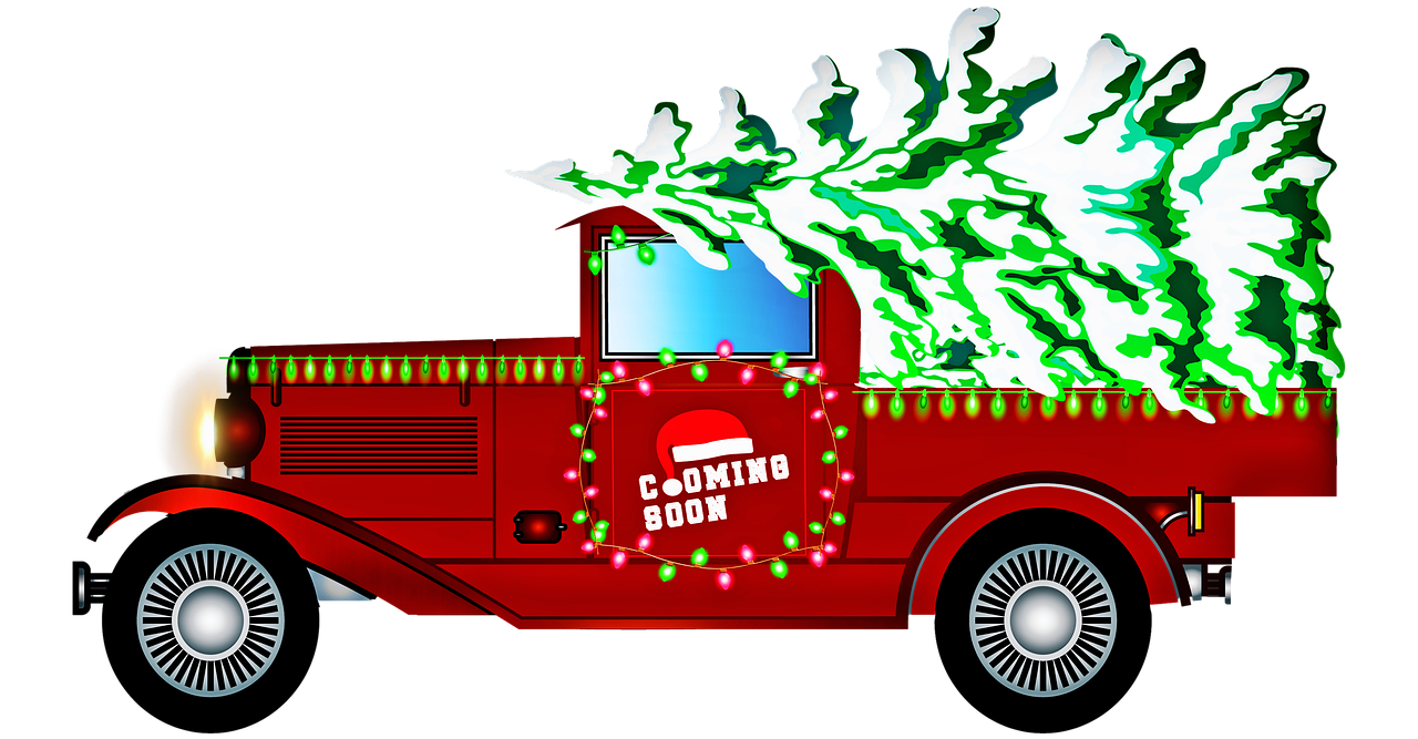 a red truck with a christmas tree on the back, concept art, by Gene Davis, shutterstock contest winner, conceptual art, crackling green lightning, lit from the side, movie screen shot, cooking it up