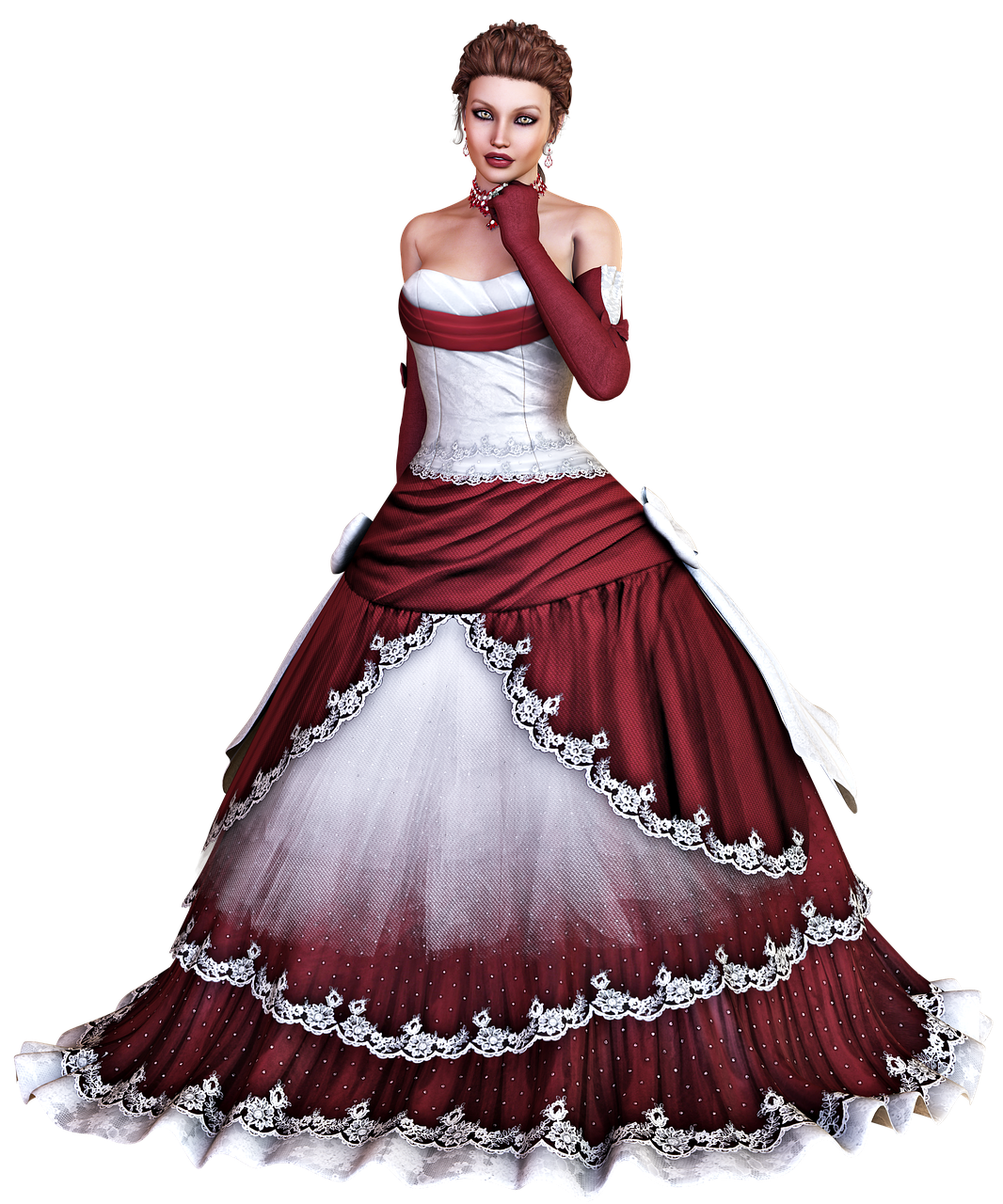 a woman in a red and white dress posing for a picture, a digital rendering, cg society contest winner, baroque, elegant evening gowns!, dark sienna and white, winter princess, wedding dress