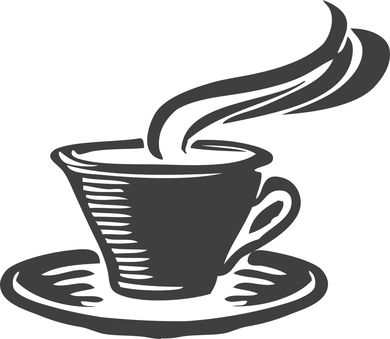 a cup of coffee on a saucer, pixabay, computer art, thick black lineart, trending on pixart”, grayish, short spout
