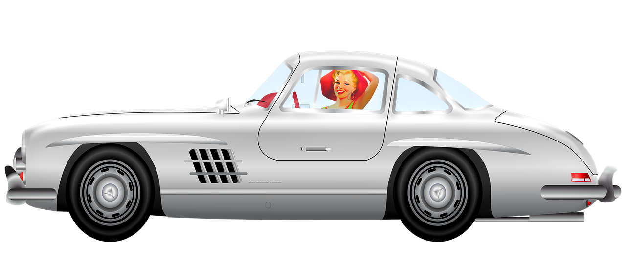 a woman sitting in the driver's seat of a silver sports car, an illustration of, inspired by Bunny Yeager, trending on pixabay, full lenght view. white plastic, merged character, mercedez benz, 3/4 side view