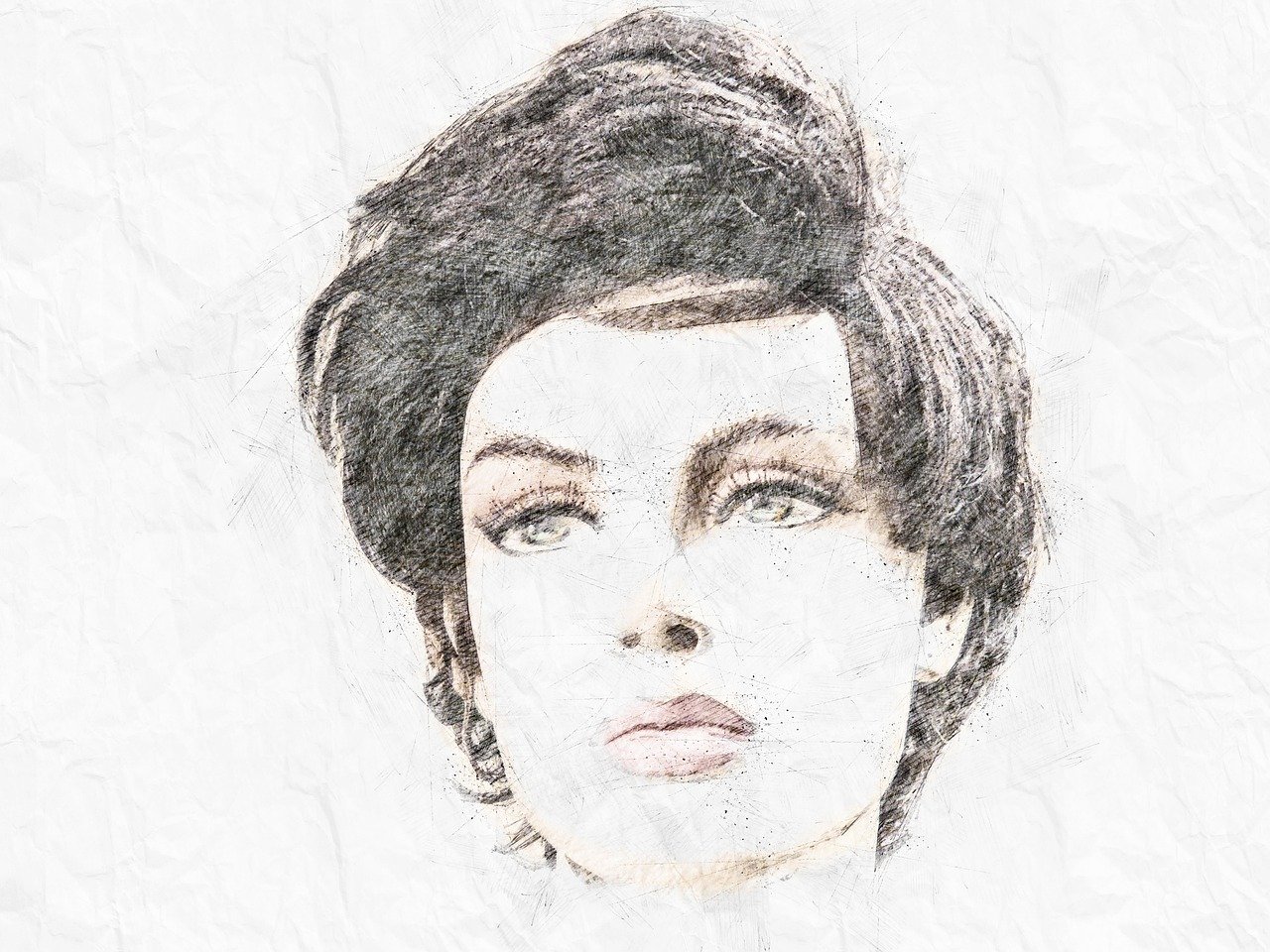 a black and white drawing of a woman's face, a colorized photo, inspired by Bert Stern, elizabeth taylor, mixed media style illustration, texturized, milla jovovich