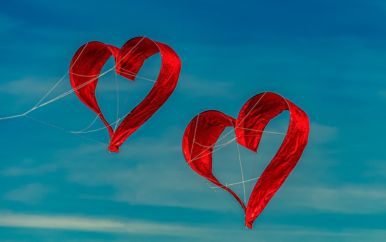 two red heart shaped kites flying in the sky, by Jan Rustem, fine art, photo taken with nikon d 7 5 0, blue sky, intense detail, glass sculpture of a heart