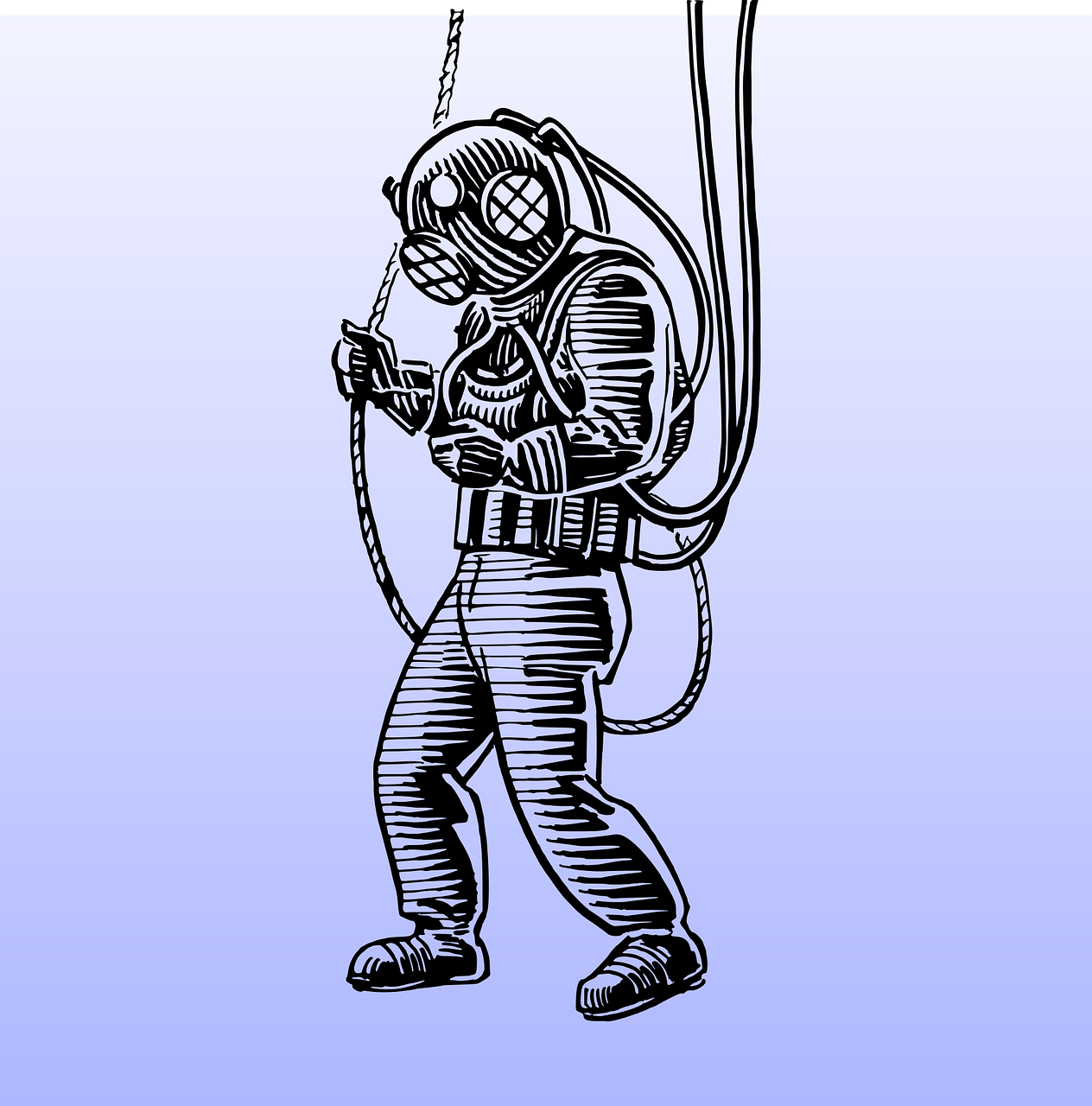 a black and white drawing of a man in a space suit, a digital rendering, by Bob Ringwood, shutterstock, under water deep sea laboratory, blue woodcut print cartoon, harnesses, wearing human air force jumpsuit