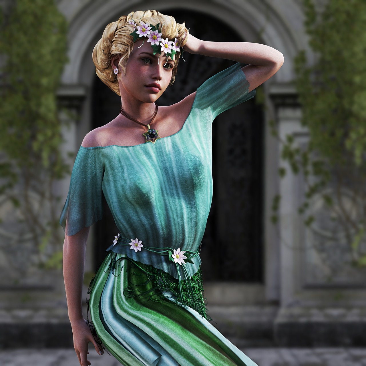 a woman in a green dress posing for a picture, a digital rendering, inspired by Gaston Bussière, trending on cg society, baroque hibiscus queen, stylized pbr, springtime morning, marvelous designer