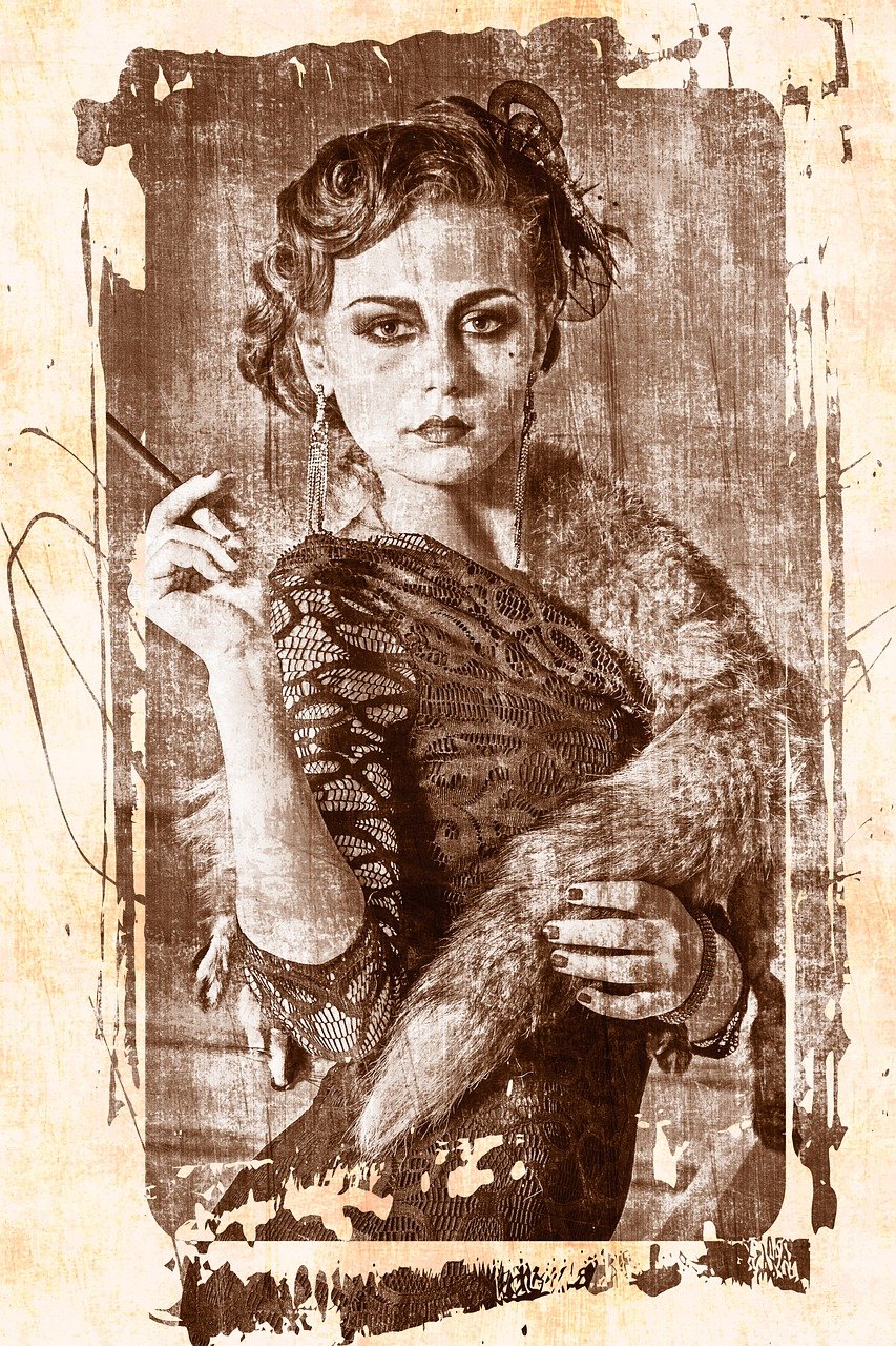 a drawing of a woman smoking a cigarette, a portrait, inspired by Grete Stern, fine art, antiqued look, fur hdr, alphonse mucha background, scratched photo