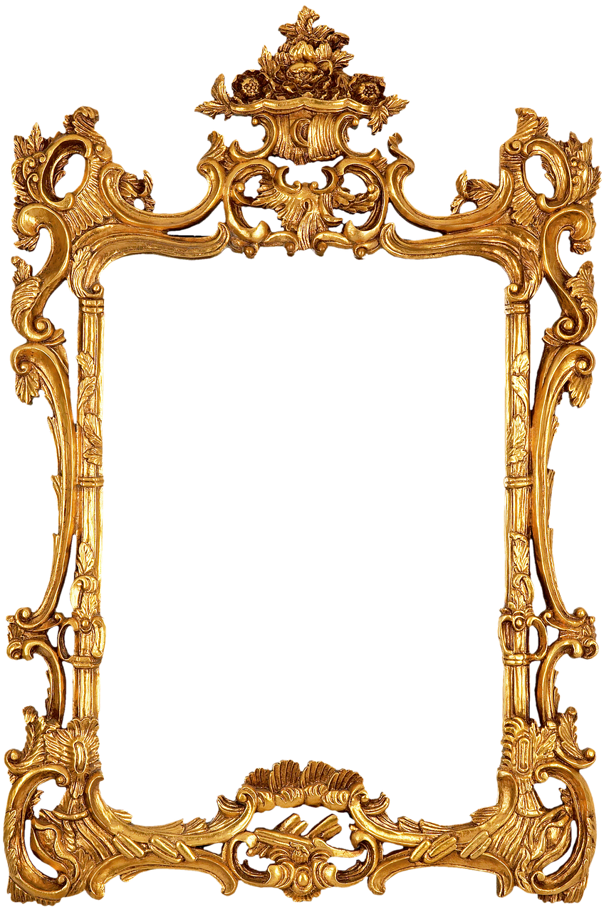 an ornate gold frame on a black background, by George Barret, Sr., baroque, fata morgana giant mirrors, ornamental bone carvings, arbor, full - view
