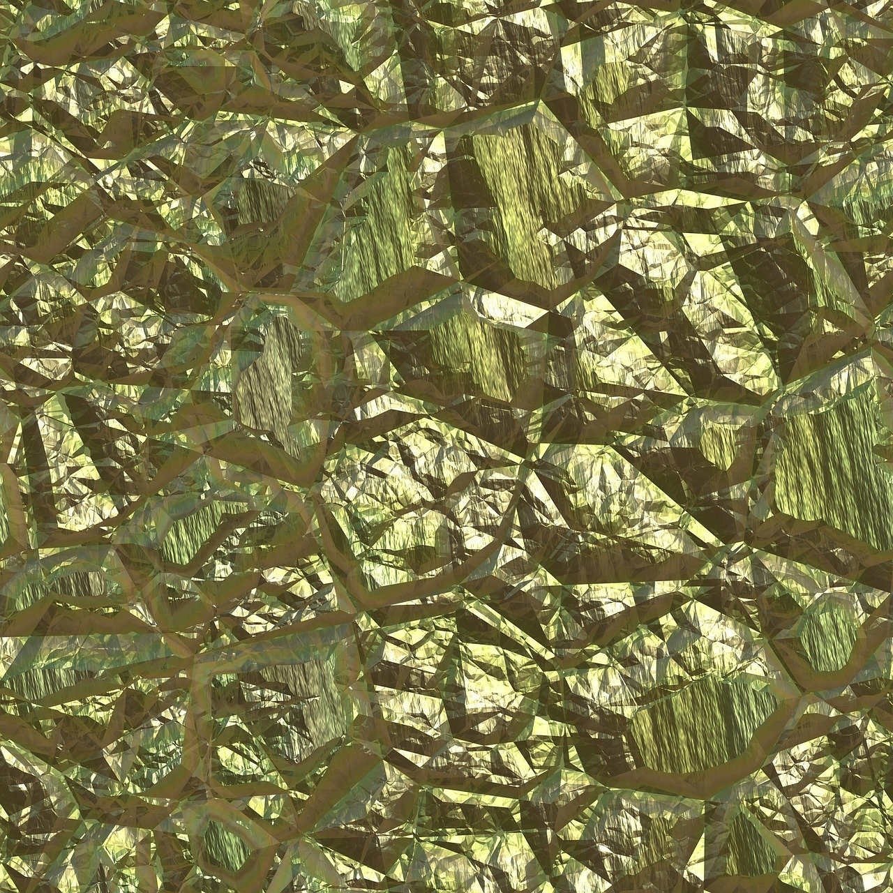a close up of a piece of foil with trees in the background, a digital rendering, crystal cubism, seamless texture, reptile skin, rock wall, green gold