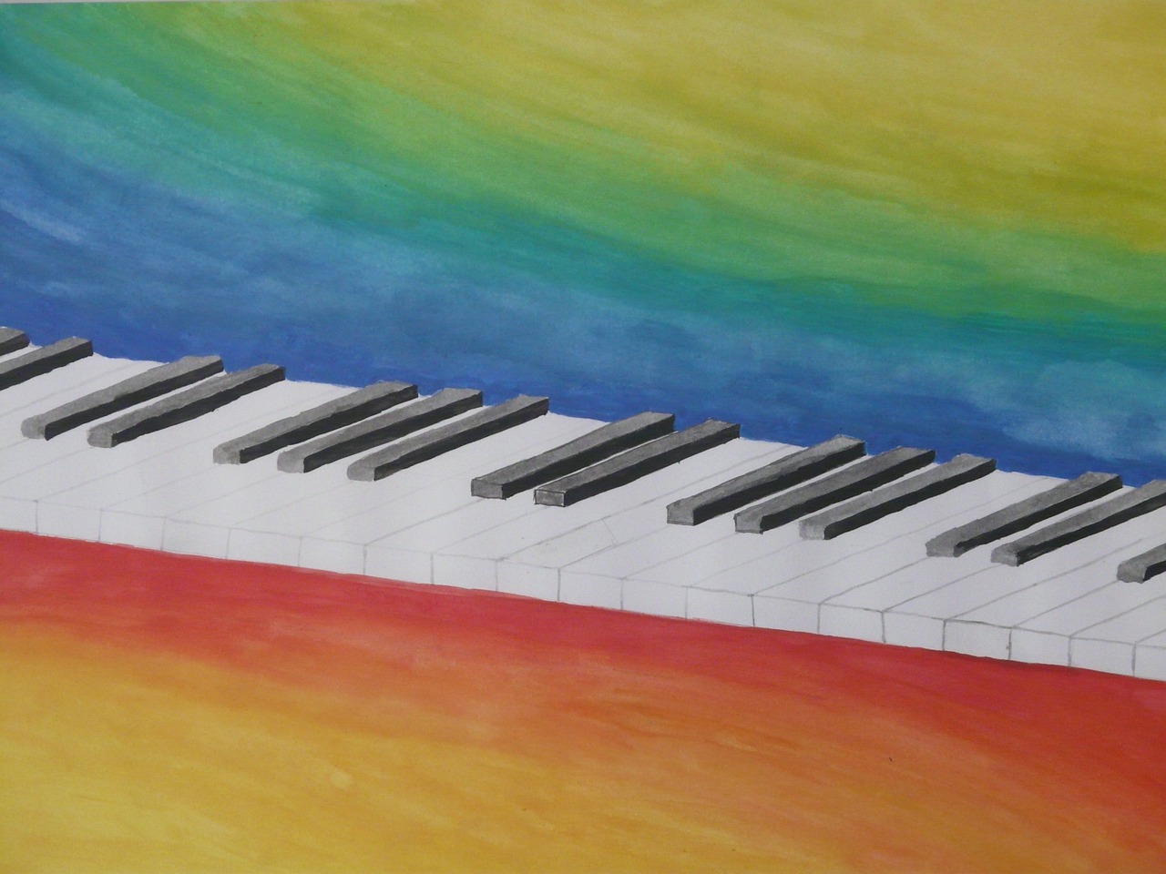 a painting of a piano with a rainbow background, inspired by Kawai Gyokudō, flickr, [ [ hyperrealistic ] ], virtuosic level detail, rainbow road, above side view