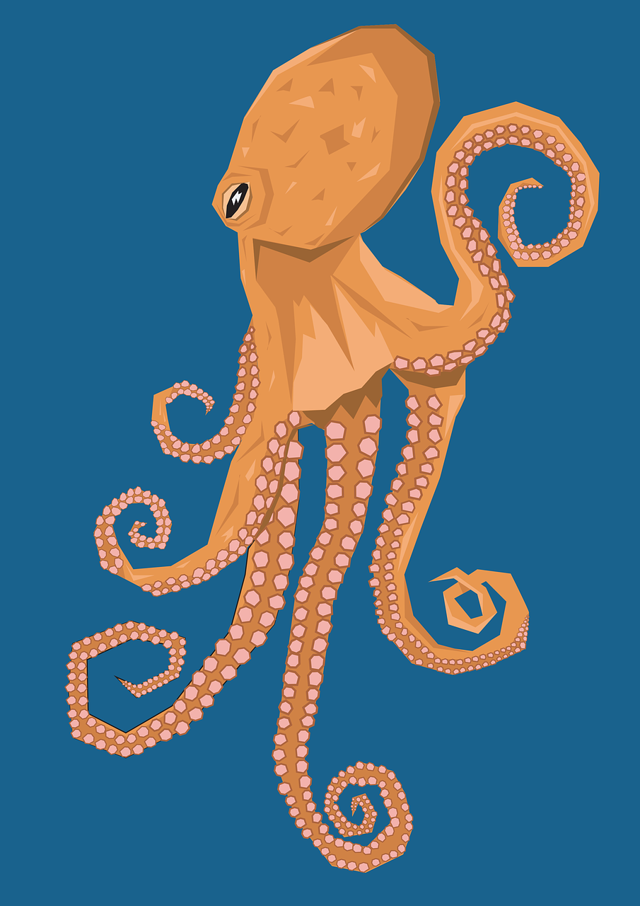 a close up of an octopus on a blue background, vector art, inspired by Pinchus Kremegne, hurufiyya, arms extended, full color illustration, highres, colored accurately