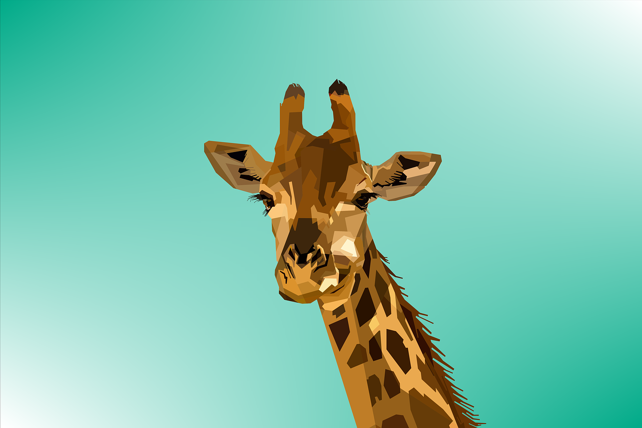 a giraffe standing in front of a blue sky, vector art, pop art, high angle close up shot, low polygons illustration, head looking up, !!! very coherent!!! vector art